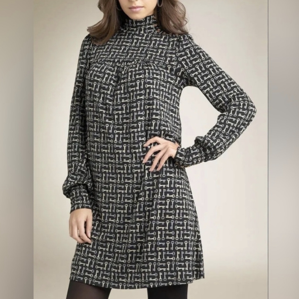 JUICY COUTURE key print Dress Small Silk Jersey Tunic Long Sleeve Mock Neck Mini